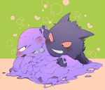  &lt;3 ambiguous_gender blush eye_contact gengar ghost goo green_background half-closed_eyes hug konbu muk nintendo one_eye_closed open_mouth plain_background pok&#233;mon pok&eacute;mon purple_skin slimy smile spirit teeth tongue video_games 