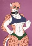  2018 abs anthro athletic bell_collar biceps breasts clothed clothing collar digital_media_(artwork) edit feline female fluff-kevlar fur green_shorts hair jaguar looking_at_viewer mammal muscular muscular_female orange_eyes pantherine portrait shorts smile solo thick_thighs three-quarter_portrait under_boob 