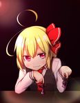  ahoge blonde_hair blouse chess_piece earlgrey hair_ribbon looking_at_viewer necktie red_eyes ribbon rumia short_hair smile solo touhou vest 