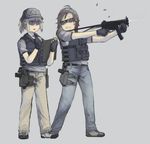  &gt;_&lt; blonde_hair brown_hair clipboard closed_eyes commentary ergot fingerless_gloves firing glasses gloves gun h&amp;k_mp5 h&amp;k_mp5k handgun hat heckler_&amp;_koch holster load_bearing_vest long_hair multiple_girls original pen pistol ponytail shell_casing simple_background sling submachine_gun sunglasses teeth thigh_holster weapon you're_doing_it_wrong 