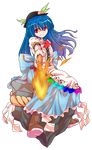  alphes_(style) blue_hair bow dairi food fruit full_body grin hat hinanawi_tenshi long_hair looking_at_viewer open_mouth outstretched_arm parody peach puffy_sleeves rope shimenawa shirt short_sleeves sitting_on_rock skirt smile solo style_parody sword_of_hisou touhou transparent_background very_long_hair 