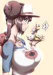  ampharos blue_eyes blush breasts brown_hair double_bun gen_2_pokemon highres huge_breasts long_hair mega_pokemon mei_(pokemon) miniature pokemon pokemon_(creature) pokemon_(game) pokemon_bw2 raglan_sleeves solo tokyo_(great_akuta) visor_cap 