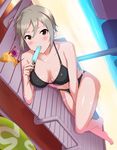  barefoot beach between_legs bikini blonde_hair brown_eyes cherry drink dutch_angle flower food fruit hand_between_legs idolmaster idolmaster_cinderella_girls lying o-ring o-ring_bikini o-ring_bottom on_side popsicle shiomi_shuuko short_hair sideways solo swimsuit yamamoto_shima 