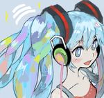  blue_eyes blue_hair blush cakeoflime hatsune_miku headphones long_hair multicolored_hair solo twintails vocaloid 