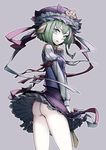  ass breasts green_eyes green_hair grey_background hair_ornament hat no_panties pale_skin ribbon shiki_eiki simple_background skirt skirt_lift small_breasts solo thupoppo touhou triangular_headpiece wind wind_lift 