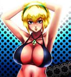  armpits arms_up bikini bikini_top blonde_hair blue_eyes breasts cleavage eyebrows gem green_hairband hairband hands_in_hair huge_breasts jewelry looking_at_viewer navel original pendant short_hair solo swimsuit tzxccx 