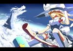  blonde_hair bloomers bow braid broom broom_riding cloud dragon hair_bow hat hat_bow kirisame_marisa letterboxed neko-hime_(neko-hime) sky solo touhou twin_braids underwear white_bow witch_hat yellow_eyes 