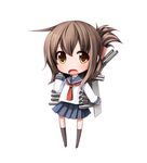  brown_eyes brown_hair chibi folded_ponytail highres inazuma_(kantai_collection) kantai_collection kneehighs long_hair moegi_nenene open_mouth school_uniform serafuku skirt solo white_background 