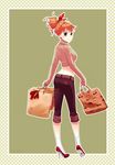  1girl alternate_costume ass bag border capri_pants contemporary earrings female hair_up heart high_heels highres jewelry looking_at_viewer marmalade_(elfless_vanilla) nami nami_(one_piece) one_piece orange_hair pants polka_dot polka_dot_ribbon smile socks solo standing white_legwear 