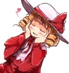  blonde_hair blush closed_eyes curly_hair dutch_angle elly flan_(harry_mackenzie) hands_on_own_cheeks hands_on_own_face hat hat_ribbon heart open_mouth ribbon short_hair solo touhou touhou_(pc-98) white_background 