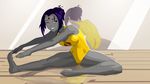  alternate_costume ass barefoot bob_cut breasts dc_comics exercise forehead_jewel grey_skin highres lady_legasus large_breasts leaning_forward leotard mirror mirror_image morganagod purple_hair raven_(dc) short_hair soles solo stretch sweat teen_titans toes wince 