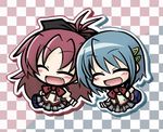  ^_^ bag blue_hair chibi closed_eyes fang hair_ornament hair_ribbon hairclip mahou_shoujo_madoka_magica miki_sayaka multiple_girls open_mouth ponytail red_hair ribbon sakura_kyouko school_uniform yanagi_(nurikoboshi) 