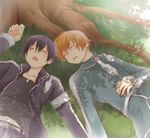  black_hair blonde_hair closed_eyes eugeo kirito lying male_focus multiple_boys nyame short_hair sleeping sword_art_online tree under_tree yaoi 