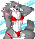  abs amber_eyes anthro balls biceps bloody_roar blush bra bulge canine chest_tuft claws crossdressing flexing fur garter girly lingerie male mammal muscles one_eye_closed panties paws peace_sign scar simple_background solo tongue tongue_out tuft underwear v_sign wink wolf yugo_ogami yugo_the_wolf yummyv1rus 