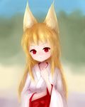  :o amanojaku animal_ears bad_id bad_pixiv_id blonde_hair character_request collarbone copyright_request derivative_work fox_ears hakama hand_on_own_chest highres japanese_clothes kimono long_hair miko red_eyes red_hakama solo wide_sleeves 