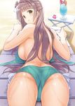  ass beach bikini bikini_top_removed breasts brown_eyes brown_hair chair day eyebrows_visible_through_hair flower green_bikini kichiroku large_breasts long_hair looking_at_viewer looking_back lounge_chair love_live! love_live!_school_idol_project minami_kotori outdoors smile solo swimsuit topless trefoil wet 