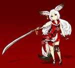  absurdres animal_ear_fluff animal_ears blade_&amp;_soul blue_eyes dicorndl dress earrings fingerless_gloves fox_ears gloves highres jewelry long_hair lyn_(blade_&amp;_soul) mask sleeveless sleeveless_dress solo sword tail twintails weapon white_hair 