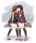  bad_id bad_pixiv_id brown_eyes brown_hair character_name closed_eyes copyright_name fubuki_(kantai_collection) highres jacket kantai_collection kiss kuuga_(cf) low_twintails multiple_girls scarf shirayuki_(kantai_collection) short_hair sitting skirt twintails yuri 