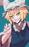  blonde_hair blue_background clenched_teeth fang hat sharp_teeth short_hair simple_background solo teeth thupoppo touhou yakumo_ran yellow_eyes 