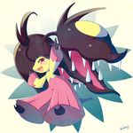  blush extra_mouth fang gen_3_pokemon mawile mega_mawile mega_pokemon no_humans open_mouth outstretched_arms pokemon pokemon_(creature) red_eyes signature simple_background solo 