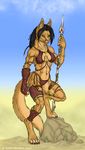  anthro aurancreations bikini bracelet canine digitigrade ear_piercing female gauntlets gloves green_eyes jewelry mammal muscles muscular_female pawpads pierced_navel piercing polearm solo spear swimsuit warrior 