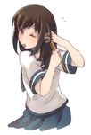  bad_id bad_pixiv_id brown_hair comb fubuki_(kantai_collection) grey_eyes hair_brushing hair_down kantai_collection kuuga_(cf) looking_at_viewer mouth_hold one_eye_closed school_uniform serafuku skirt solo 