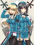  aircraft airplane arm_hug atago_(kantai_collection) black_hair blonde_hair breasts garter_straps gloves green_eyes hat highres kantai_collection kiiroink large_breasts looking_at_viewer machinery multiple_girls one_eye_closed pantyhose red_eyes ribbon salute takao_(kantai_collection) thighhighs turret 