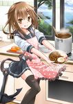  :p anchor apron black_legwear brown_eyes brown_hair curry food fujishima_shinnosuke hair_ornament hairclip ikazuchi_(kantai_collection) kantai_collection school_uniform serafuku short_hair solo sunny_side_up_egg thighhighs tongue tongue_out zettai_ryouiki 