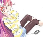  cakeoflime capri_pants closed_eyes digital_media_player headphones ipod leggings listening_to_music long_hair megurine_luka pants pink_hair solo striped vocaloid 