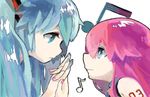  beamed_eighth_notes blue_eyes blue_hair cakeoflime eighth_note eye_contact hatsune_miku holding_hands interlocked_fingers long_hair looking_at_another megurine_luka multiple_girls musical_note nail_polish pink_hair tattoo twintails vocaloid yuri 