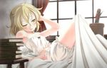  ahoge bed bed_sheet blonde_hair bloomers book_stack camisole curtains kirisame_marisa lying messy_hair mukai navel on_bed one_eye_closed solo strap_slip touhou underwear underwear_only white_bloomers window yellow_eyes 