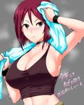  absurdres arm_up breasts brown_eyes choker cleavage crop_top earrings highres jewelry large_breasts midriff okyou red_eyes red_hair shirt short_hair sideboob smell solo sweat tank_top taut_clothes taut_shirt the_king_of_fighters towel towel_around_neck whip_(kof) 