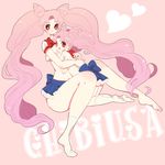  bare_legs bishoujo_senshi_sailor_moon bow character_name chibi_usa double_bun dual_persona full_body heart hug long_hair multiple_girls older pink_background pink_hair red_eyes red_sailor_collar ribbon rinako_(rococo) sailor_collar school_uniform serafuku single_sock skirt smile socks twintails undersized_clothes wide_hips 