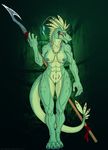  aurancreations breasts female horn muscles muscular_female polearm pussy reptile scalie solo spear spots weapon wide_hips yellow_eyes zarana 