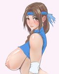  areolae bangs blush breasts brown_eyes brown_hair earrings headband huge_breasts jewelry lips long_hair looking_at_viewer nipples poin rebecca_turner sagging_breasts shirt smile solo super_robot_wars super_robot_wars_the_lord_of_elemental torn_clothes torn_shirt 