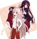  barefoot black_hair bow breasts carrying cleavage dress fujiwara_no_mokou hair_bow hair_ribbon houraisan_kaguya long_hair medium_breasts multiple_girls pants purple_eyes red_eyes ribbon shoulder_carry silver_hair small_breasts suspenders touhou tsuno_no_hito very_long_hair 