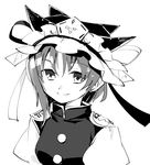  greyscale hat looking_at_viewer makuwauri monochrome shiki_eiki short_hair simple_background smile solo touhou upper_body 