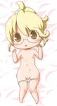  1girl bed blonde_hair blush breasts brown_eyes character_request chibi gerotan glasses highres lying navel nipples nude on_back open_mouth original panties pixiv_manga_sample pussy resized short_hair small_breasts solo source_request uncensored underwear 