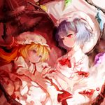  arm_rest bat_wings blonde_hair blue_hair expressionless eye_contact flandre_scarlet gears hat looking_at_another lowres mob_cap multiple_girls open_hands outstretched_arms reclining red_eyes remilia_scarlet siblings sisters smile touhou ty-papapa wings wrist_cuffs 