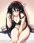  between_legs bikini black_eyes black_hair breasts character_request cleavage hairband hand_between_legs heppoko_r long_hair medium_breasts sitting solo swimsuit very_long_hair 