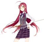  ahoge braid green_eyes hataraku_maou-sama! long_hair no_legwear office_lady pencil_skirt plaid plaid_skirt psd red_hair side_braid skirt solo sword vest weapon white_background yusa_emi 