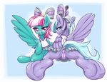  anus blue_fur bow cheerleader duo equine female feral fizzy_pop_(mlp) friendship_is_magic fur hair hooves horse lesbian lilac_sky_(mlp) looking_at_viewer looking_back mammal my_little_pony pegasus pony pussy smile stoic5 two_tone_hair wings 