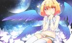  beatmania beatmania_iidx blonde_hair blush halo kou_saku_sena looking_at_viewer male_focus midriff multiple_wings navel otoko_no_ko rche_(beatmania) short_hair shorts solo star thighhighs white_legwear wings 