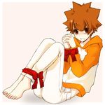  barefoot bound bound_wrists child clenched_teeth feet hands_tied hood hoodie katekyo_hitman_reborn! male male_focus pants red_eyes red_hair sawada_tsunayoshi simple_background sitting solo t-riku tears teeth tied tied_up toes 