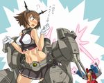  1girl 80s angry arm_cannon bare_shoulders blush breasts brown_hair cannon crossover decepticon gloves hairband headband headgear kantai_collection large_breasts laser machinery mecha midriff mimizu_(tokagex) miniskirt mutsu_(kantai_collection) navel oldschool open_mouth pleated_skirt radio_antenna red_eyes short_hair skirt smile starscream transformers translated turret uniform weapon white_gloves 