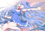  bad_id bad_pixiv_id bare_legs barefoot blue_eyes blue_hair blush bow breasts cirno cleavage dress hair_bow long_hair medium_breasts older open_mouth outstretched_arm smile solo teenage touhou yamada_ranga 