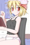  blonde_hair chair cherry_blossoms curtains hair_ribbon kirino_souya looking_at_viewer midriff mouth_hold navel panties pink_panties red_eyes ribbon rumia sitting solo tank_top touhou towel towel_on_head underwear underwear_only 