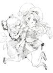  bow cirno colored_pencil_(medium) dress greyscale grin hair_bow hat highres ice ice_wings long_sleeves monochrome moriya_suwako multiple_girls open_mouth oshake shirt skirt skirt_set smile snake touhou traditional_media wide_sleeves wings 