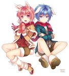  androgynous animal_ears bad_id bad_pixiv_id blue_eyes blue_hair bunny_ears bunny_tail bunnyboy coat full_body male_focus mittens multiple_boys nikke_(tk2012) original pink_eyes pink_hair scarf shorts sweater tail 