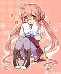  :&lt; ahoge bad_id bad_pixiv_id boots bunny double_bun flower glasses kantai_collection long_hair looking_at_viewer makigumo_(kantai_collection) pantyhose pink_hair purple_skirt sitting skirt sleeves_past_fingers sleeves_past_wrists solo takamura twintails yellow_eyes 